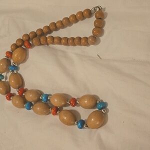 Wooden Beaded Necklace with Blue and Red Accents